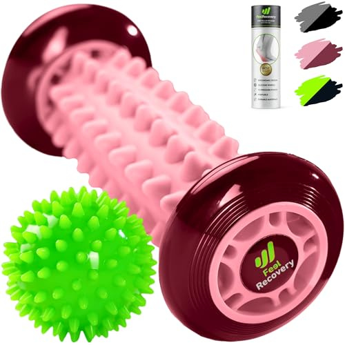 Set Rouleau de Massage Pieds pour Fasciite Plantaire + Balle Massage à Picots - Appareil d'Acupression pour Reflexologie, Cellulite, Douleur Plantaire, Talons, Jambes & Relaxation (Rose)