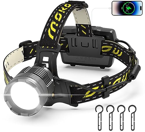 MoKo Stirnlampe LED Wiederaufladbar, Superhell 100000 Lumen & 10200 mAh Grosse Kapazität AKKU, 8 Lichtmodi, IP68 Wasserdicht 90° Verstellbar Kopflampe Stirnlampe für Outdoor Camping Angeln, Schwarz