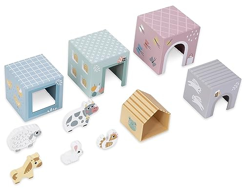 Mamabrum Sortierer mit Tierfarm, 5 Kartons, Holztiere, für Kinder ab 12 Monaten, Häuser für Tiere, erleichtert das Zählenlernen stapelturm mit Tieren stapelturm
