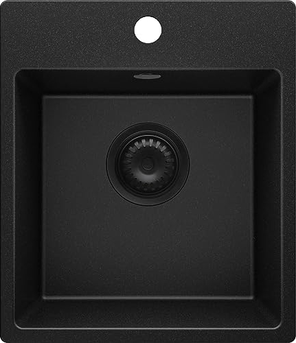 PRIMAGRAN Fregadero Cocina Todo Negro 38x44cm, Granito 1 Seno + Sifón, Sobre encimera al mueble 40cm - Riga Easy S007