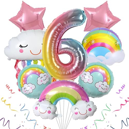 8 Stück Regenbogen Geburtstagsdeko, Zahl 6 Ballon, Folienballon Wolken | Luftballons Wolken Quasten, Regenbogen Motiv mit Wolken & Sternen für Jungen und Mädchen Geburtstag Party Dekoration