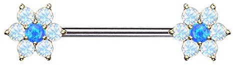 Taffstyle Piercing Schmuck Brustwarzenpiercing Brustwarze Intimpiercing Brust Nippel Intim Ohr Ohrpiercing Barbell gerade Hantel Stab mit Opal Blumen Blatt Kugel Perle Gold Blau