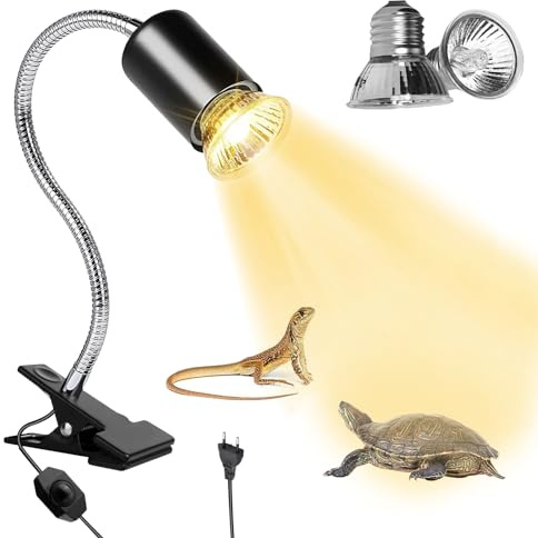 SPORWAY - Lampada riscaldante per tartarughe con clip, 50W, per terrario, con 2 lampadine UVA UVB, luce per rettili, lampada spot riscaldante per tartarughe, lucertola, ragno
