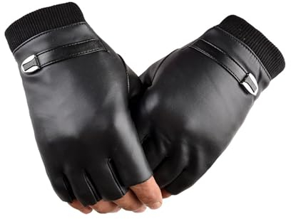 Fingerlose Handschuhe,1 Paar PU Leder Fahrhandschuhe Männer Frauen Teens Halbe Finger Handschuhe Lederhandschuhe ohne Finger Schwarz Fäustlinge für Outdoor Sport Radfahren Moto