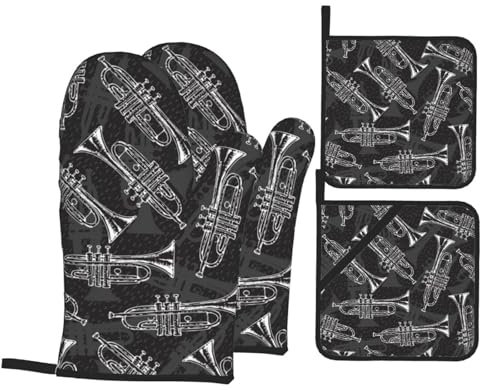 Ofenhandschuhe und Topflappen-Sets, Küchenofenhandschuh und Topflappen, 4 Stück, zum Backen, Grillen, schwarz-weiße Skizzen-Trompeten