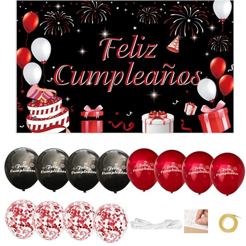 IM ® Pancarta Grande Feliz Cumpleaños en Español medidas 110x180cm de Poliester +12 Globos | Decoración para fiesta de cumpleaños | Cartel Feliz cumpleaños | Photocall (NEGRO-ROJO)
