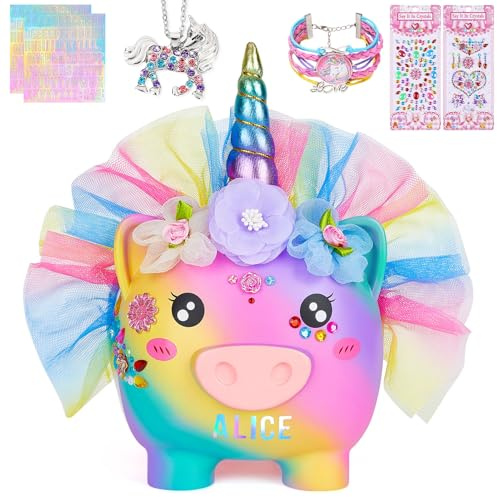 MHJY Piggy Bank for Kids Unicorn Money Box Girls Unbreakable Resin Child Saving Bank Cute Large Coin Banks with Necklace Bracelet DIY Stickers Birthday Set