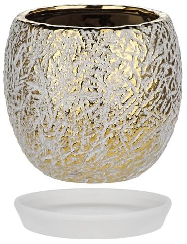 Hollyone Gold Pflanztöpfe, 13.5 cm Keramik Sukkulententöpfe Klein Blumentöpfe mit Drainage und Untersetzer, Rund Übertöpfe Dekorative Keramiktopf für Zimmerpflanzen Orchideen Kräutertöpfe