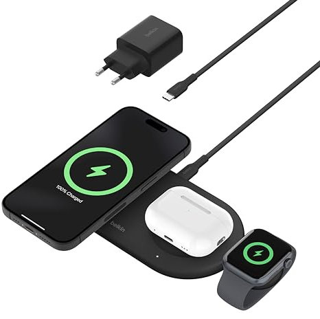 Belkin BoostCharge Pro kabellose 3-in-1-Ladestation mit magnetischem Qi2, 15 W, Schnellladegerät, Wireless Charger kompatibel mit den iPhone-Serien 16, AirPods, Apple Watch usw. – Schwarz
