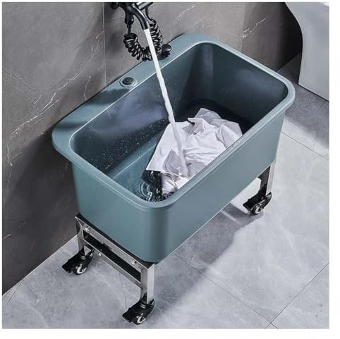 Artiz Fregadero De Fregona Comercial con Rodillos, Lavabo De Servicio De Fregadero De Fregona De Plástico Cubo De Trapeador Doméstico Dispositivo De Drenaje De Un Solo Clic(Grey,60x40x50cm)
