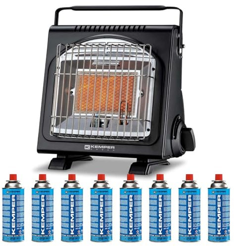 KEMPER - Chauffage à gaz portable 1700W Systèmes Sécurité intégrés + 8 cartouches de gaz Butane Autonomie 2h30