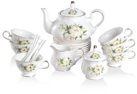 Sweejar Porcelain Tea Set, Vintage British Floral Relief Gold Rimmed Teapot Cup and Saucer Set, Tea Set Service for 6, with Teapot, Sugar Bowl, Milk Jug, Spoons, Tea Cup and Saucer (Camellia)