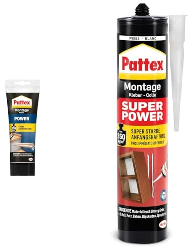 Bundle aus Pattex Montagekleber Power 1x 250g + Pattex Montagekleber Super Power 1x 370g, starke Anfangshaftung, für saugende Materialien, innen & außen