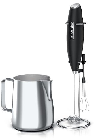 Arendo - Stab Milchaufschäumer elektrisch inkl. Edelstahl Milchkännchen - elektrischer Handmilchaufschäumer – Schneebesen und Dual-Quirl - Edelstahl Milchkännchen 350 ml – milk jug – tropffrei - BPA