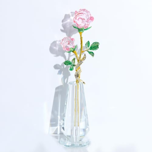 Arikyrist Crystal Pink Rose Flower Gifts for Women Glass Bouquet Ornaments | Crystal Pink Rose Flower Figurine Metal Long Stem with Crystal Vase Gifts for Wife Mum Girlfriend on Birthday Anniversary