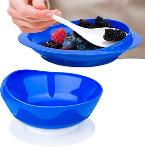 MUSLONG Plato y cuenco con borde alto, sin BPA, ventosa, antideslizante, ayuda alimentaria, elevador de borde para el cuidado de personas con discapacidad y ancianos (azul, cuenco + plato)