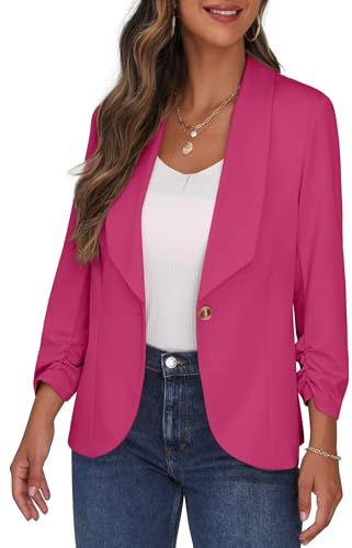 PrinStory Blazer da donna con colletto a risvolto 3/4 maniche increspate giacca con un bottone cardigan corto blazer da ufficio abbigliamento casual