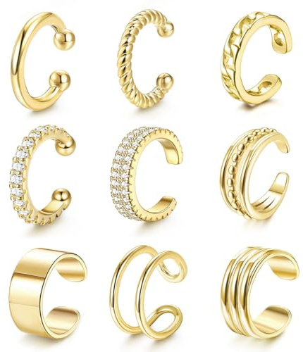 VerLuky 9 pcs Boucles d'oreilles Femme, Boucles d'oreilles Or, Ear Cuff, Creoles Or, Faux Piercing Oreille