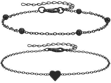 Toplstud Schwarz Fußkettchen für Damen, Doppelschicht Edelstahl Herz Fußkette, Sommer Verstellbares Wasserdichtes Fußschmuck
