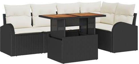 vidaXL 6-delars Trädgårdsätset med Kuddar Svart Poly Rattan Akacia
