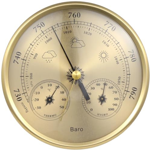 Jauge météo murale 3 en 1, thermomètre doré de 1,3 cm, hygromètre et baromètre, station météo en alliage de verre pour décoration d'intérieur élégante