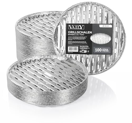 Vaily Alu Grillschalen Grillpfanne Rund 100er Pack - Tropfschale für BBQ, Camping und Küche - Aluschale für weniger Fett und Schmutz - Ø 34 cm
