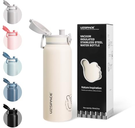 UZSPACE Gourde Isotherme Enfants 700ml en Acier Inoxydable - Gourde Sport à Double Paroi - Bouteille Isotherme Étanche pour École, Bureau ou Sport, Blanc Givré
