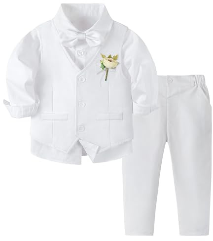 Volunboy Elegant barnset, Pojkar Bröllopsceremoni Klänning 4 Stycken Långa Ärmar Skjortor + Fluga Väst + Byxor, Ren vit, 2-3 anni