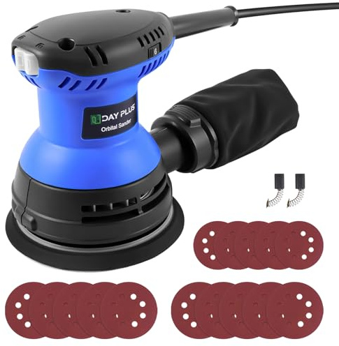 Random Orbital Sander with Detachable Dust Bag, 300W Powerful Brushless Motor Electric Sander for Wood and Walls, 6 Variable Speeds, 125mm 15Pcs Sandpapers, Plam Sanding Machine for Sanding, Polishing