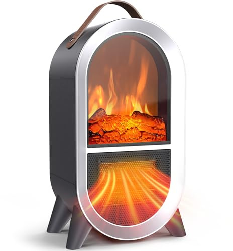 Riseon Portable Electric Fireplace Heater, 1500W/750W Mini Space Heater for Indoor Use with 3D Flame, Thermostat, Carry Handle, Overheat & Tipover Protection, for Home Office Bedroom Desk, Black
