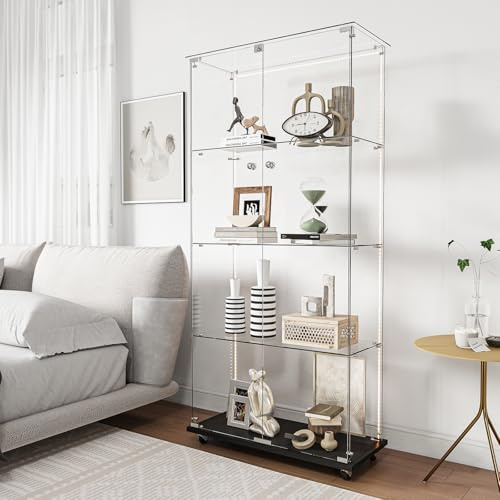 FCSQIU Glasvitrine Standvitrine mit Rollen,2 Türen Abnehmbar Glasvitrine LED Beleuchtung und Glastüren,4 Ablagen, Glas Vitrine Sammlervitrine Vitrinenschrank,Display Cabinet
