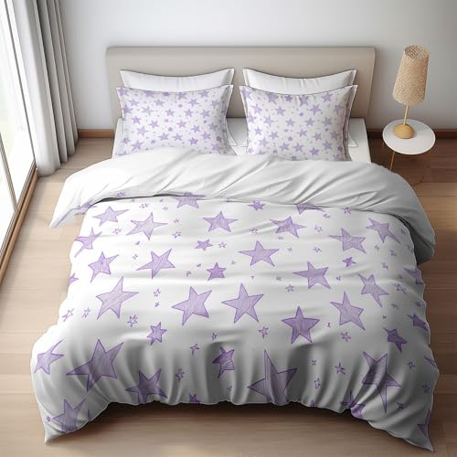 WHUOEUCO Funda Nórdica Cama 105 Estrellas Lilas, Juego De Funda Nórdica 180x220 cm, 3 Piezas Ropa de Cama con 2 Fundas de Almohada 50x75 cm, Microfibra Reversible Colcha