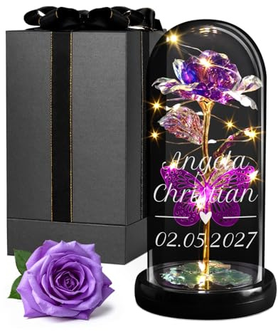Maverton ewige Rose mit Gravur personalisiert - Rose im Glas mit Licht - Hochzeitsgeschenke für Brautpaar - personalisierte Geschenke zum Hochzeitstag zur Hochzeit
