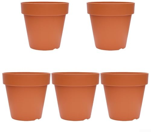Oniissy Eleganti vasi da fiori in resina con drenaggio per piante da balcone, confezione da 5 fioriere in terracotta con vassoi, materiale traspirante per la crescita delle radici in esterni (diametro