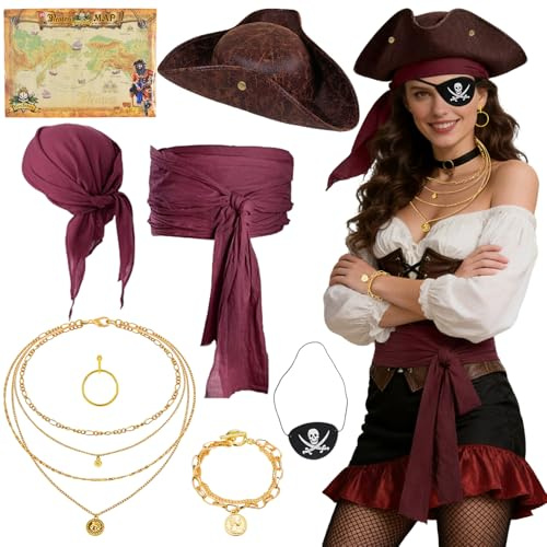 Zouonou Piratenkostüm Damen Erwachsene 8Pcs Set Piratenhut Augenklappe Halskette Ohrring Armband Taillenschal Kopftuch Schatzkarte Halloween Karneval Cosplay Piratenhut Damen