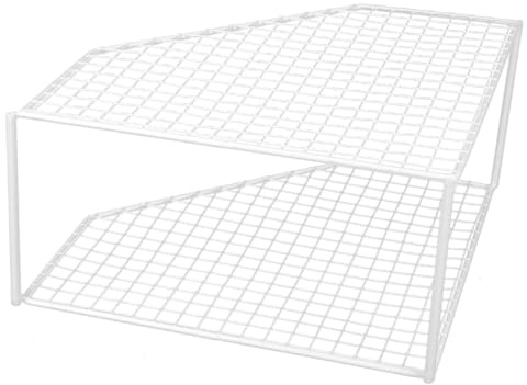 TOGEVAL Mensola Angolare da Cucina in Rete Bianco Organizer per Pentole e Padelle Doppio Mensola Compatta per Angoli Scaffale Multiuso per Cucina e Spazi Ridotti
