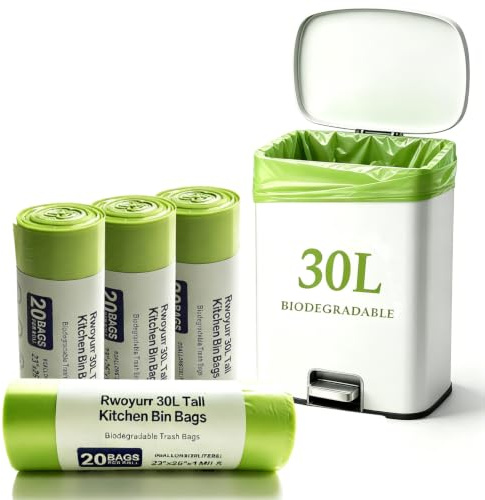 Rwoyurr 80 x 30L Compostable Bin Liners Thick Biodegradable Food Waste Bags | Heavy Duty, Recycling, Leak-resistant, 30 Litre/8 Gallon Pedal Trash Compost Caddy Bags Kitchen Bathroom Office, Tall, Green