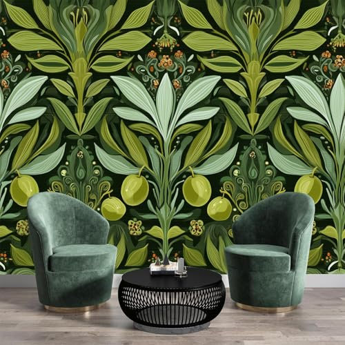 Papel Pintado Hojas Flores De Olivo 250 x 175cm Fotomurales Tejido Seda, Composición Simétrica Papel Tapiz Murales Fotográfico Decoración de Paredes Para Salón o Dormitorio