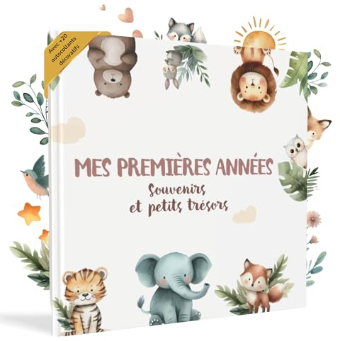 HuBorns - Livre de Naissance Bébé | Album Photo Pour Coller des Photos et Écrire, +50 Pages et Autocollants, Première Année jusqu'à ses 5 ans, Cadeau Naissance