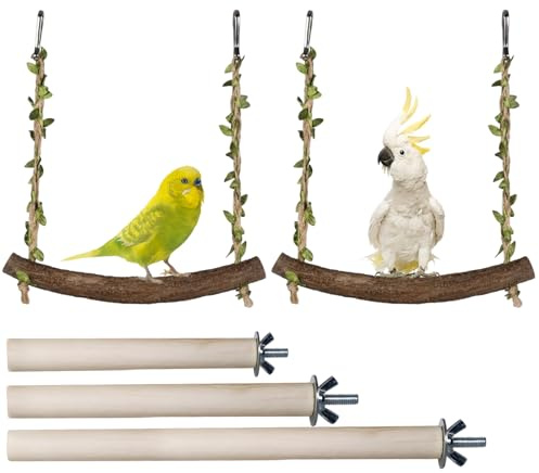5-teiliges Set Wellensittich Spielzeug, Naturholz Schaukel und Sitzstangen für Vogelkäfig Zubehör, Zur Beschäftigung und Krallenpflege, mit verschiedenen Größen 18cm 10cm 15cm 20cm