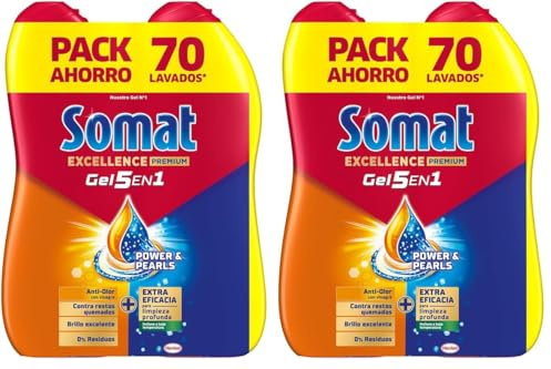 Somat Excellence Duo Gel Frescor Anti-Olor (2x70 lavados), detergente lavavajillas Todo en 1, gel para vajilla apto para ciclos eco y cortos, gel lavavajillas con vinagre (El empaque puede variar)