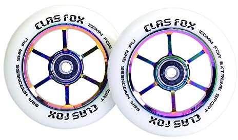 CLAS FOX Pro Stunt Scooter Rollen Roller Räder Wheels 100mm EIN Paar mit ABEC-9 Kugellager CNC Metallkern Graviti (2 stücke) (Weiß-Regenbogen)