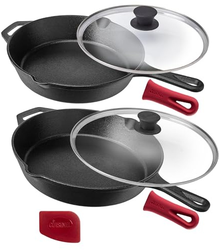 Cast Iron Skillet Set + Glass Lids - 10+12-inch / 25.4cm + 30.48cm Frying Pans + 2 Silicone Handle Covers - Pre-Seasoned Oven Safe Cookware - Indoor/Outdoor - Grill, Stove Top and Induction Safe