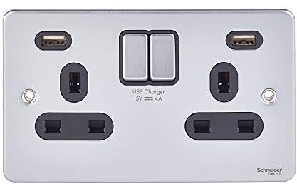 Schneider Electric Ultimate Low Profile - Switched Double Power Socket, 13A With 2 4A USB Charging Ports, GGBGU3524DBBC, Brushed Chrome With Black Insert