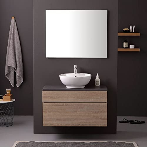Kiamami Valentina - Mobile bagno sospeso 90cm quercia naturale, top antracite, lavabo da appoggio Sole