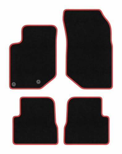 Velours-Fußmatten passend für Opel Corsa F 2019-, Schwarz-Rot, CARLUX | passend für Schrägheck; Velours-Teppich (Polypropylen), ca. 6,5 mm; rutschfest, vormontierte Befestigungen (Typ CP2)
