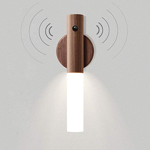 VOMI Akku Wandleuchte Holz Bewegungsmelder Innen LED Warmweiß | Kabellos Wandlampe mit Bewegungsmelder Aufladbar Treppenlicht Lampe Ohne Stromanschluss Batteriebetrieben, 3000K