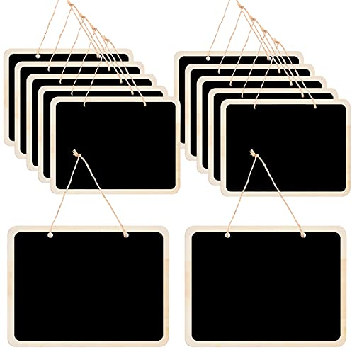 12 Stk Kleine Tafel zum Aufhängen, Mini Kreidetafel mit Juteschnur, Doppelseitige Memotafel Wandtafel zum Beschriften, Hängende Tafeln für Party, Haus, Buffet, Hochzeit, 16 x 12 cm