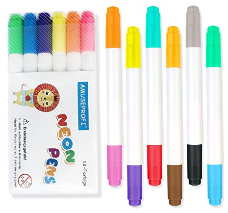 AMUSEPROFI Neon Pens, Neonmarkerzum Ersatz, 2 Spitzen, Anwendbar Für Schreibtafel, Drawing Board, Lerntablett, 12er-Pack