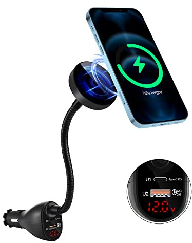 DACK Mag-Safe Chargeur allume-cigare sans fil pour voiture 15 W, support magnétique auto-alignement pour grille d'aération avec double port PD&QC3.0 Charge rapide pour iPhone 13/13 Pro/13 Pro Max/12